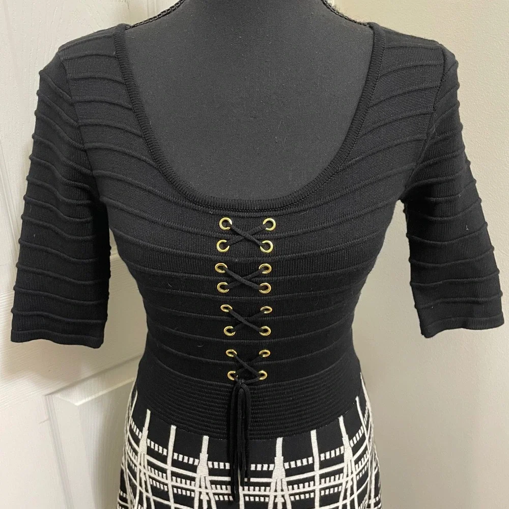 Candies Fit & Flare Knit Skater Dress Lace Up Black White XS Y2K Officewear Chic